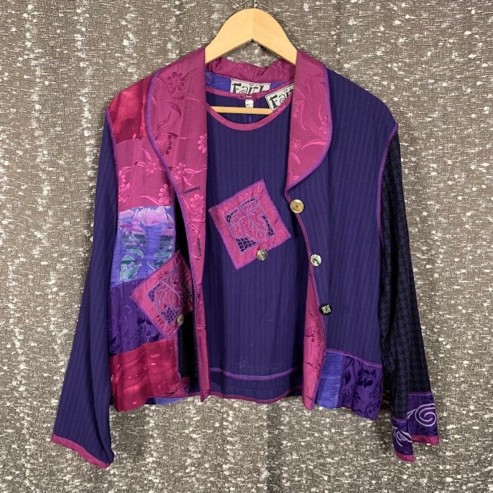 Vintage Faith Rayon 2pc Patchwork Art to Wear Jacket Tank Top Set Purple Boho